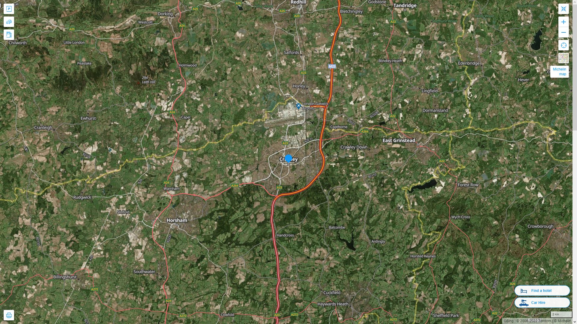 Crawley Royaume Uni Autoroute et carte routiere avec vue satellite